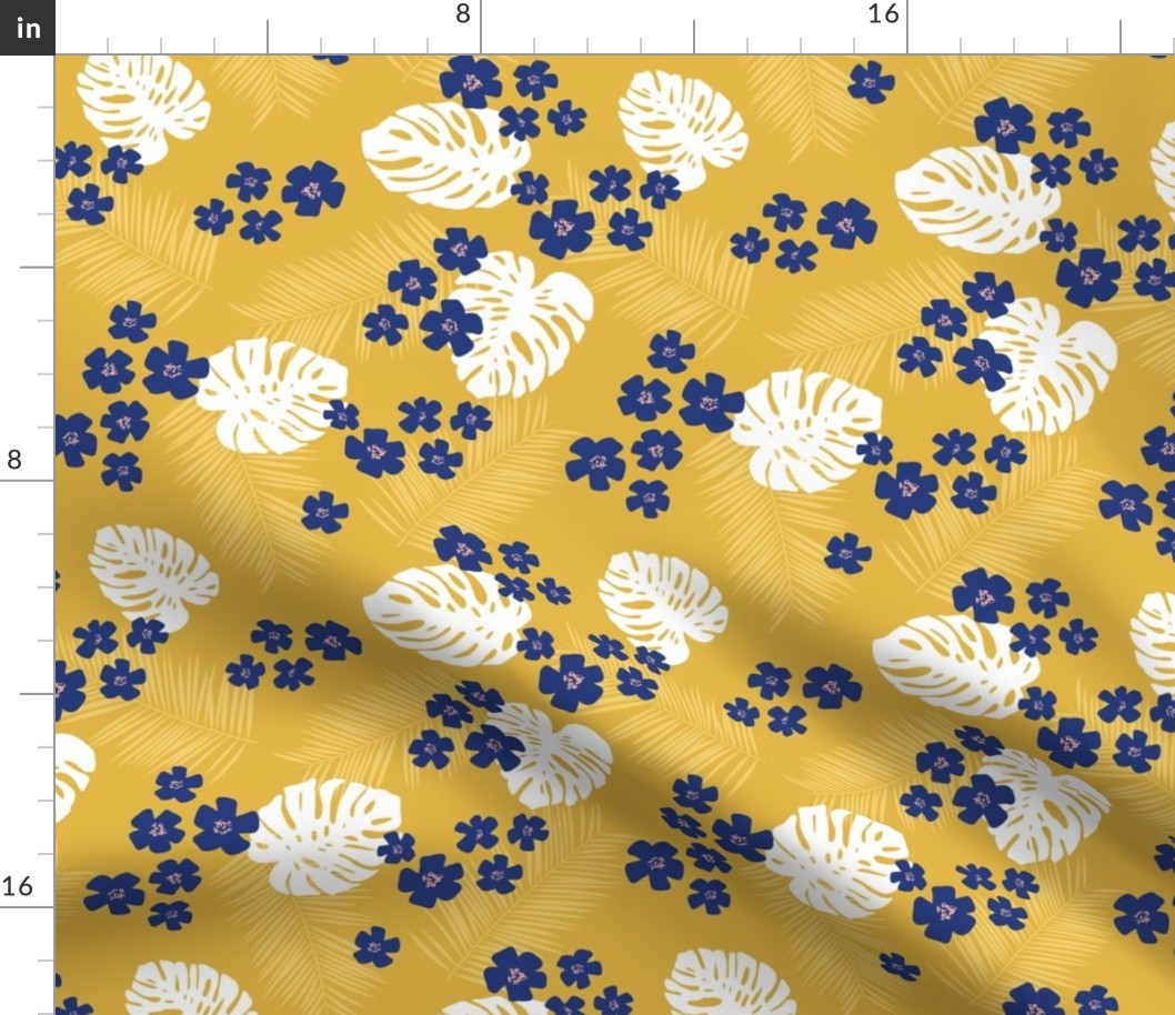 Monstera leaves and palm petals with tropical flowers hawaii island vibes boho design garden white navy blue on ochre yellow 