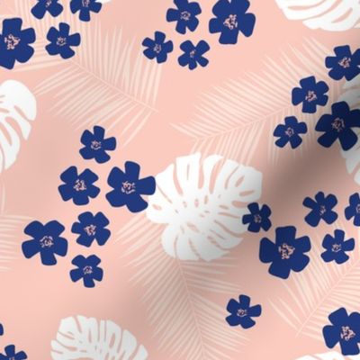 Monstera leaves and palm petals with tropical flowers hawaii island vibes boho design garden white navy blue on blush pink nude 