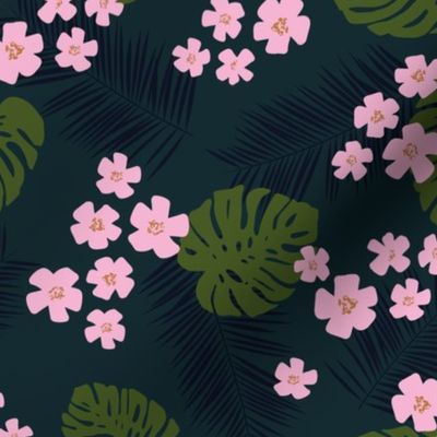 Monstera leaves and palm petals with tropical flowers hawaii island vibes boho design garden pink green on deep navy blue night