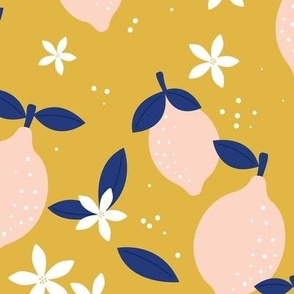 Citrus garden summer blossom lemons and oranges fruit design navy blush ochre yellow white JUMBO