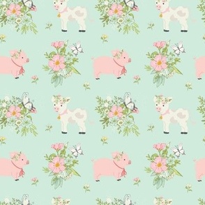 Sweet farm animals cow and pig, spring floral on mint small scall 4x4