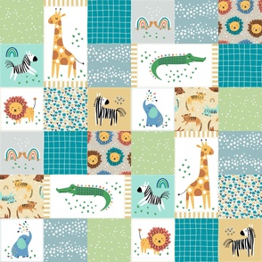 Kids Safari Animal Quilt – Baby Boy or Baby Girl Blanket, giraffe zebra elephant alligator lion tiger turtles