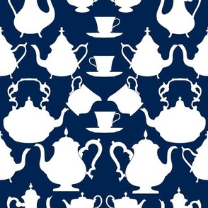 ALL OVER - TIME FOR TEA - WHITE ON NAVY 6X6