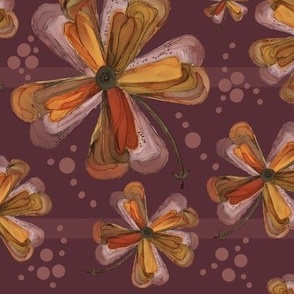 (L) Painterly Orange Yellow Flowers, Clusters of Dots on Plum