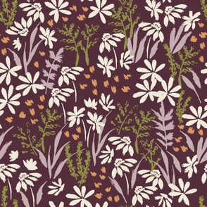 Large // Wildflowers: Hand-painted Flowers, Coneflower, Daisy, Vine - Dark Purple