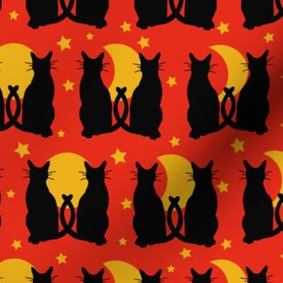 Medium // Moonlight Whiskers: Halloween Black Cats, Moon Phases and Stars - Red