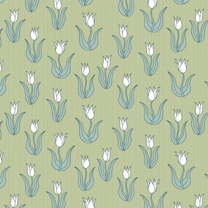 white and blue tulips on grayish green