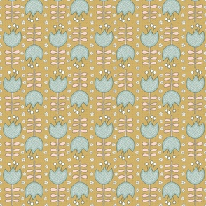 rows of blue retro tulips on grayish amber