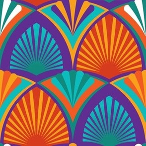Geometric bright pattern in Art Deco style with palm leaves and striped tents