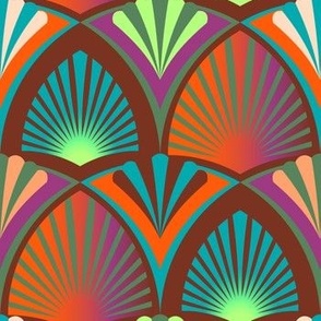 Geometric bright pattern in Art Deco style with palm leaves and flowers
