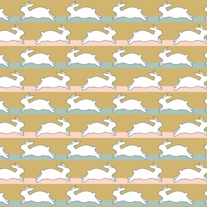 White running rabbits on pastel stripes