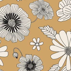 Large Scale Retro Flowers Mustard Yellow