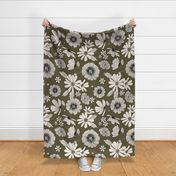 Retro Flowers Large Scale Olive Green