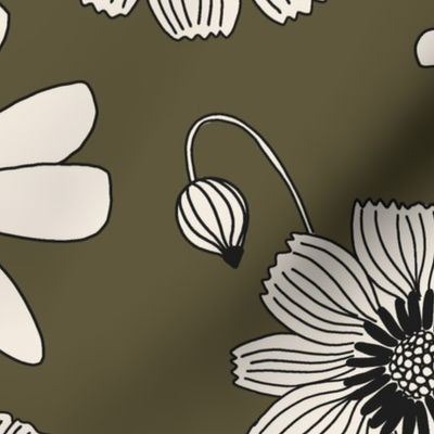 Retro Flowers Large Scale Olive Green