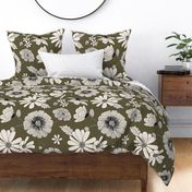 Retro Flowers Large Scale Olive Green