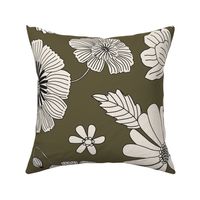 Retro Flowers Large Scale Olive Green