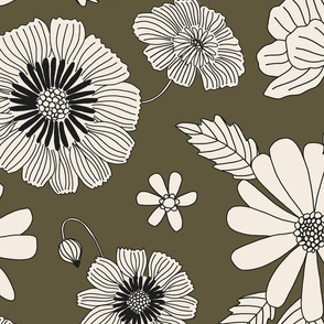 Retro Flowers Large Scale Olive Green