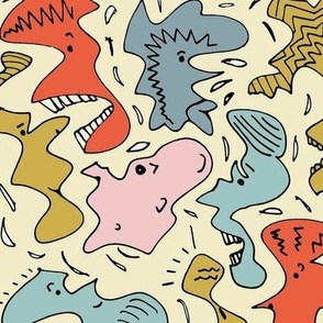 Squiggle Faces - red, cream, blue, pink, mustard