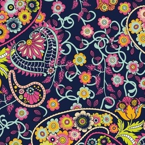 Bohemian Floral Paisley in Chartreuse, Mint, Marigold, Hot Pink and Midnight Blue Paducaru Paducaru