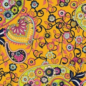 Bohemian Floral Paisley in Midnight Blue, Hot Pink, Chartreuse and Marigold Paducaru