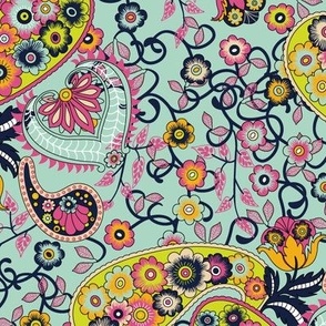 Bohemian Floral Paisley in Midnight Blue, Chartreuse, Hot Pink and Mint Paducaru