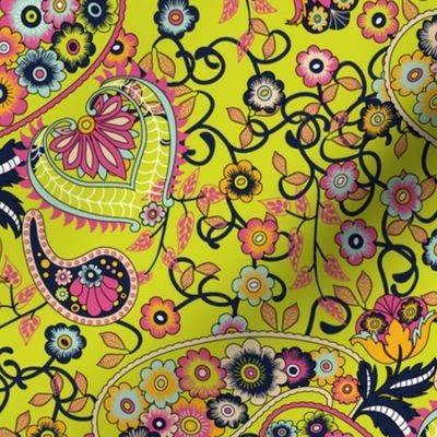 Bohemian Floral Paisley in Midnight Blue, Hot Pink, Marigold and Chartreuse Paducaru