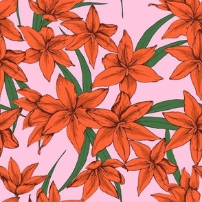 Orange flowers on pink background seamless pattern