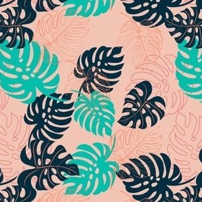 Blue monstera leaves on pink background
