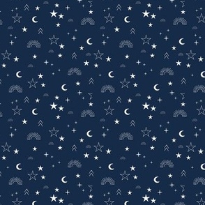 Starry night sunset and moon lucky stars white on navy blue SMALL