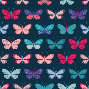 Rows with Colorful Butterflies Collection on dark Background