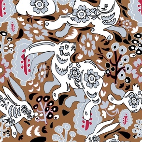 Rabbits Flower Run gray on brown