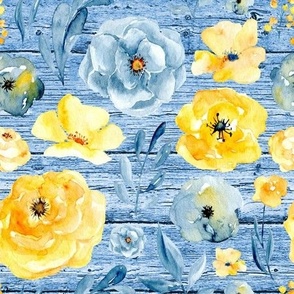 blue and yellow floral blue wood