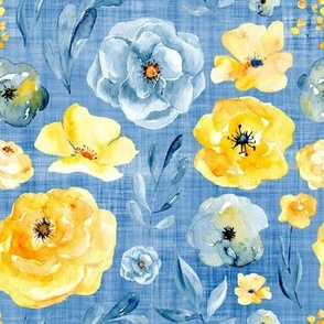 blue and yellow floral blue linen