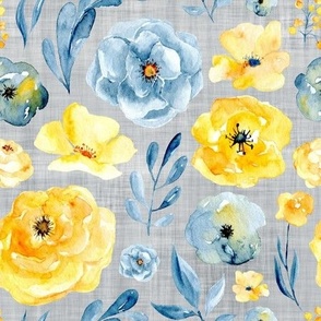 blue and yellow floral grey linen