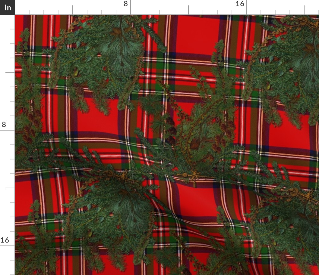 Jolly Holiday ~ Pine Boughs on Antique Royal Stewart Tartan ~  Richelieu  ~ Large