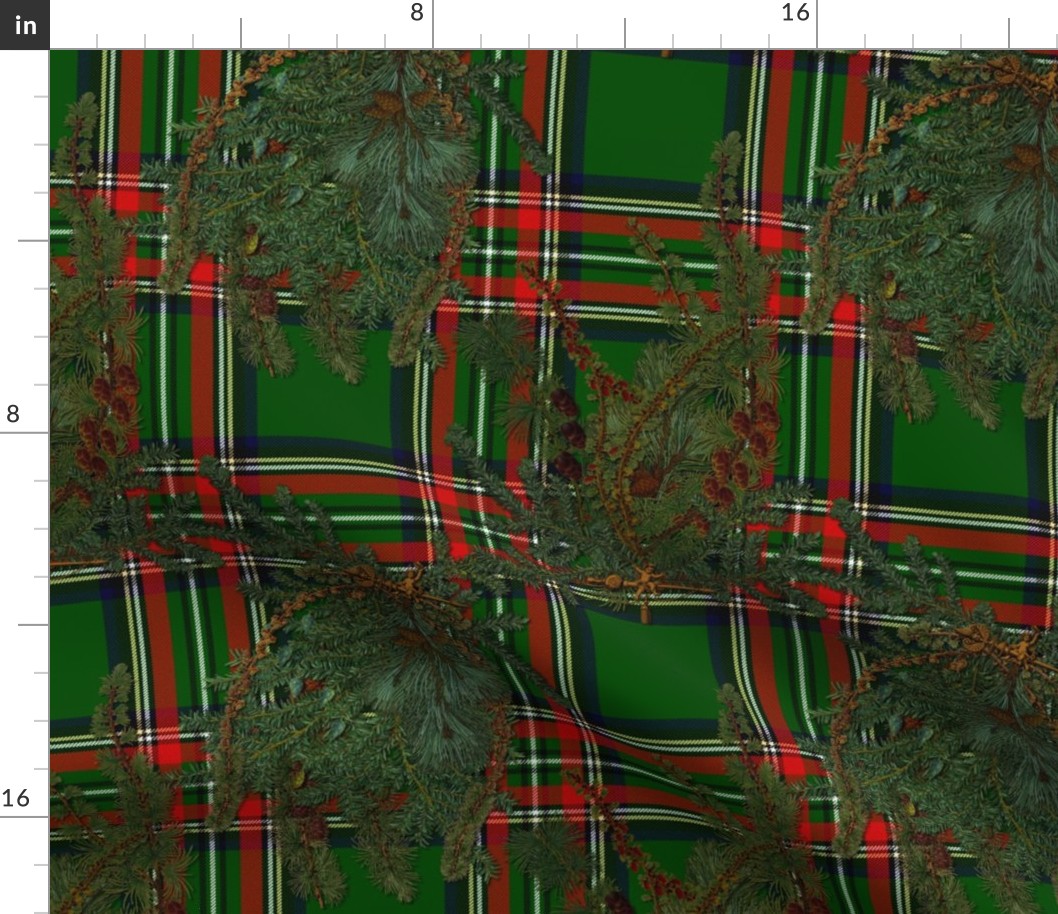 Jolly Holiday ~ Pine Boughs on Antique Royal Stewart Tartan ~  Gretna Green  ~ Large