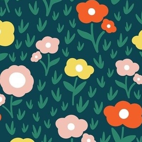 Retro Scandi inspired floral on dark blue/green (large scale) - updated
