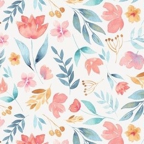 pink blue and mustard watercolour florals - linen_Large 