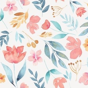 pink blue and mustard watercolour florals - linen_Xtra Large