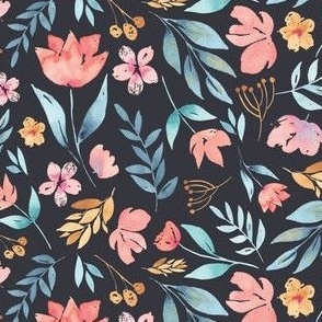 pink blue and mustard watercolour florals Charcoal_Large 