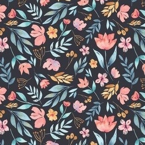 watercolor florals in bright pink, blue and mustard yellow on dark charcoal gray