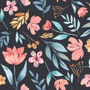 pink blue and mustard watercolour florals Charcoal_Xtra Large