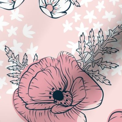 Vintage Pink Poppies, Allium and White Anemone flowers