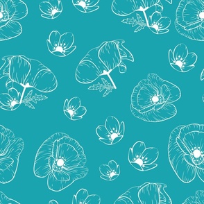 Vintage white Poppies and Anemone flowers on Green background