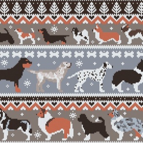 Large jumbo scale // Fluffy and bright fair isle knitting doggie friends // grey and taupe brown background brown orange white and grey dog breeds 