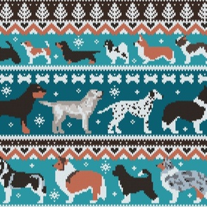 Large jumbo scale // Fluffy and bright fair isle knitting doggie friends // teal background brown orange white and grey dog breeds 