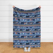 Large jumbo scale // Fluffy and bright fair isle knitting doggie friends // classic and electric blue background brown orange white and grey dog breeds 