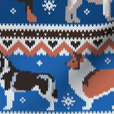 Large jumbo scale // Fluffy and bright fair isle knitting doggie friends // classic and electric blue background brown orange white and grey dog breeds 