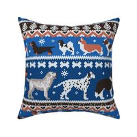 Large jumbo scale // Fluffy and bright fair isle knitting doggie friends // classic and electric blue background brown orange white and grey dog breeds 