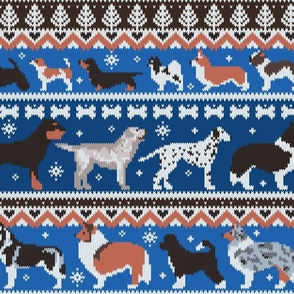 Large jumbo scale // Fluffy and bright fair isle knitting doggie friends // classic and electric blue background brown orange white and grey dog breeds 